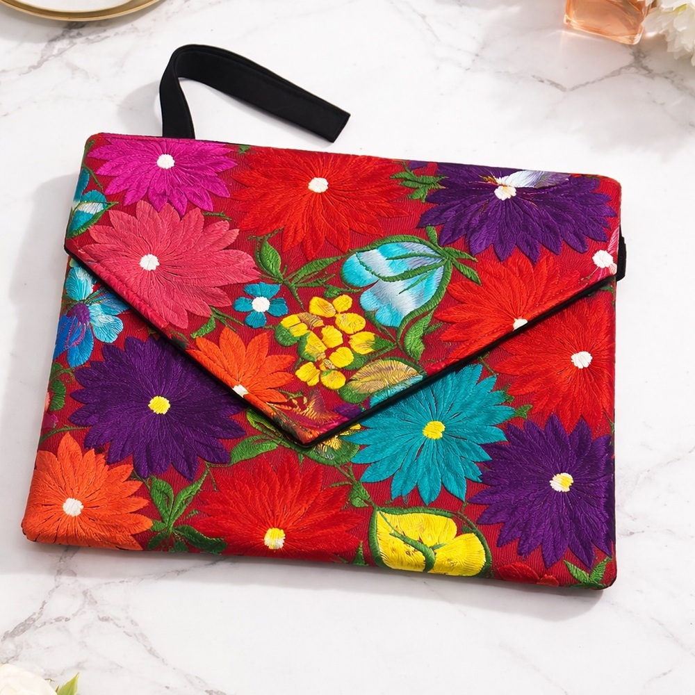 Colorful Embroidered Floral Clutch Bag Boho Foldover Wristlet Handbag - Picture 1 of 2